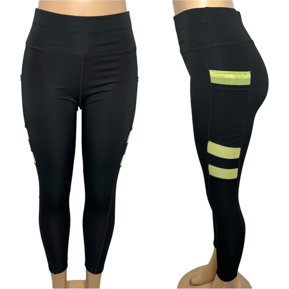 New Size M Black and Green Women Leggings with pockets Ankle Gym Yoga Pants - Picture 1 of 5